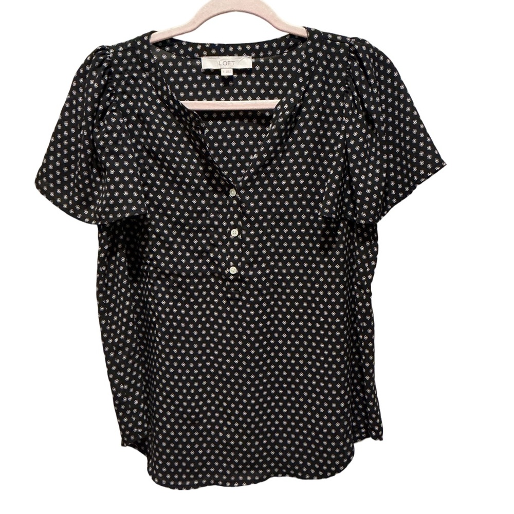 LOFT black half button short sleeve blouse. Size S.